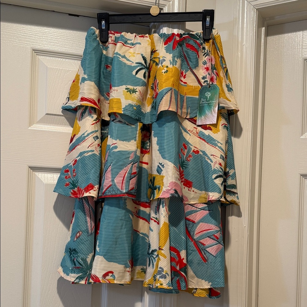 NWT Tropical Ruffle 3 Tiered Lined Voluminous Watercolor Flowy Dainty Skirt L - Picture 4 of 11